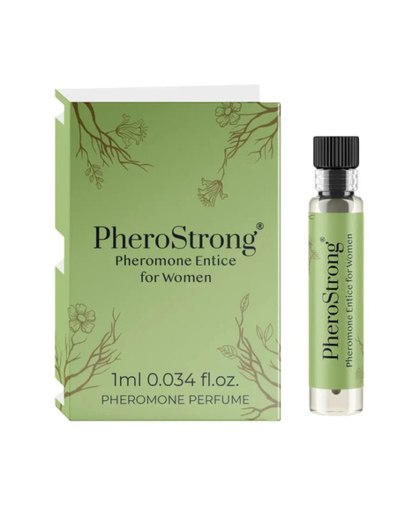PheroStrong Entice – Mostra Parfum cu feromoni pentru femei, cu note de ambra, lotus alb si lemn de tec - 1 ml