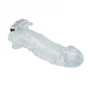 Real Lover - Manson penis prelungitor cu vibratii si stimulare clitoris, transparent