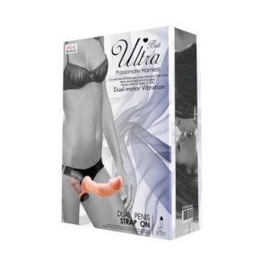 Ultra Dual – Strap On Dublu cu Dildo Realistic si Vibratii, Control prin Telecomanda, 17.5 cm, Ø 4.5 cm